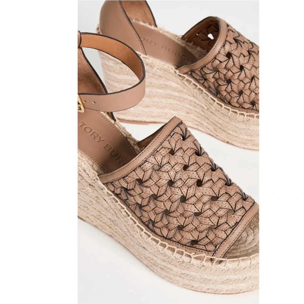 Tory Burch Basketweave Espadrille Ankle Strap Wedges Leather, NWT, Size 10